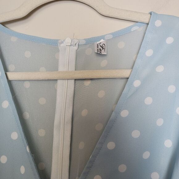Blue Polka Dot Romper Jumpsuit White Frill Romantic Girly Date Night Coquette XL - Picture 8 of 8